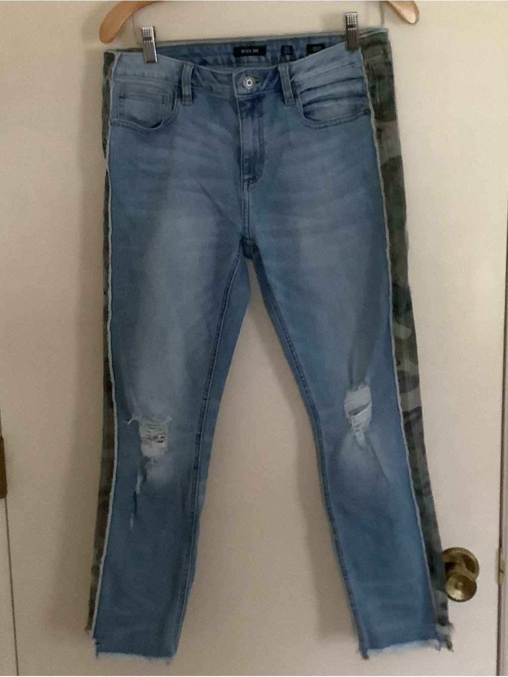 Miss Me Light Blue Straight Cropped Jeans with Camo Side Stripes